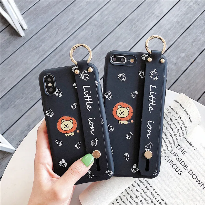 Wrist Strap Soft IMD Phone Case For iphone 7 8 6 6s plus X Xs max XR Cute cartoon animal lion black |