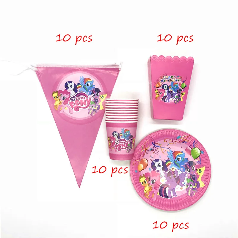 

Unicorn Pony Happy Birthday Party Decorations Supplies Cup Plate Flag Hat/Straw/Popcorn Box Disposable Tableware Set