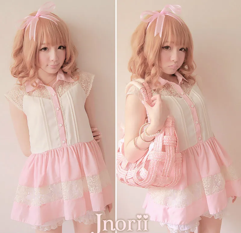 

Sweet lolita blouse BOBON 21 princess royal pink gentlewoman lace crochet patchwork long the proportion of chiffon top t0810