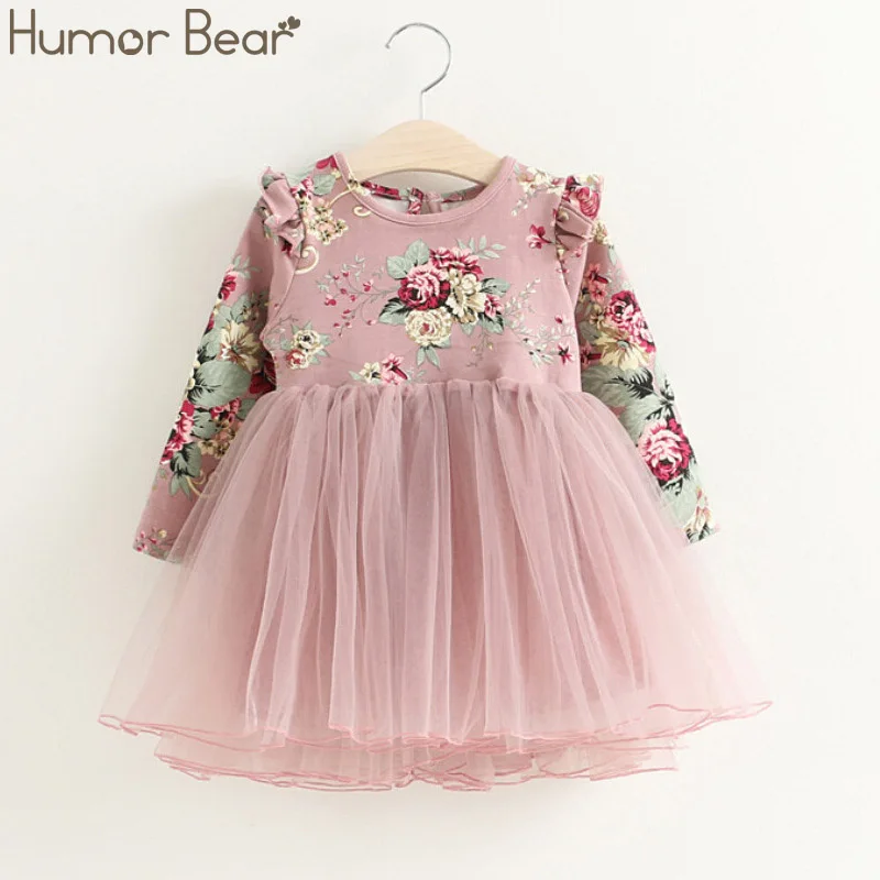 pink 499 Humor Bear/платье для маленьких девочек; коллекция года; сезон весна-осень; новое Брендовое Сетчатое рождественское платье принцессы с длинными рукавами и цветочным принтом; Одежда для девочек - Цвет: pink 499