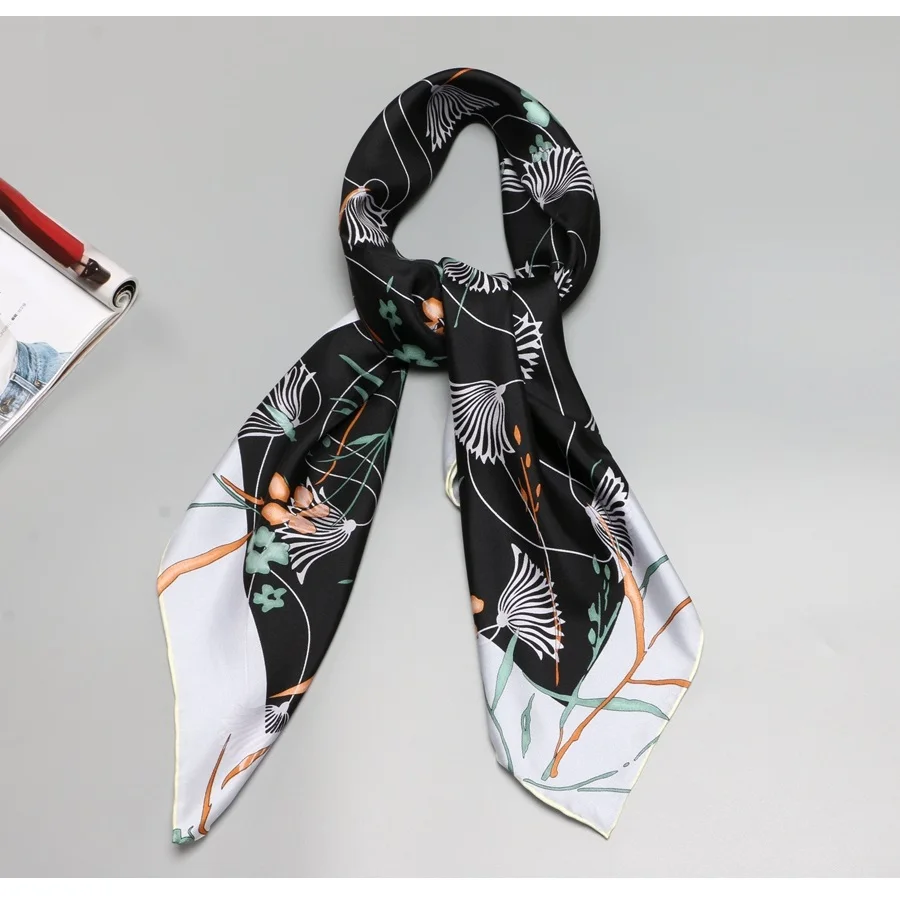 Черными принтами 100% шелковый шарф хиджаб Для женщин большой площади шелковые