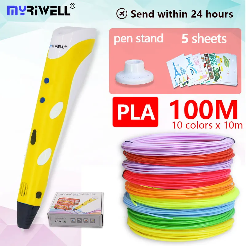 yellow PLA10color Myriwell 3d Ручка rp100a+ pla100m Филамент 1,75 мм 3d печатная ручка 3 d Ручка 3d ручки для детей художественные инструменты для рисования 3D Ручка abs пластик - Цвет: yellow PLA10color