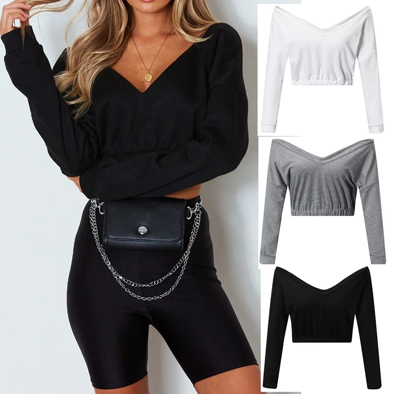 Женский свободный короткий свитер с длинным рукавом на осень и зиму сексуальный