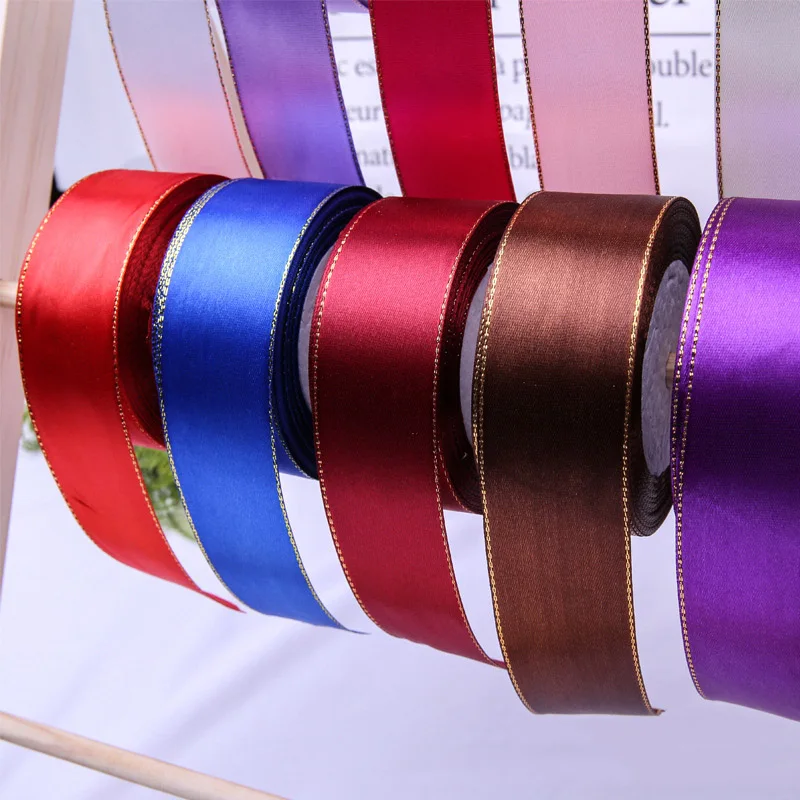 

3.8cm/2.5cm 22 Meters Phnom Penh Satin Ribbon Wedding Party Decoration DIY Crafts Wrap Ribbon Silk Satin gold-trimmed Ribbons