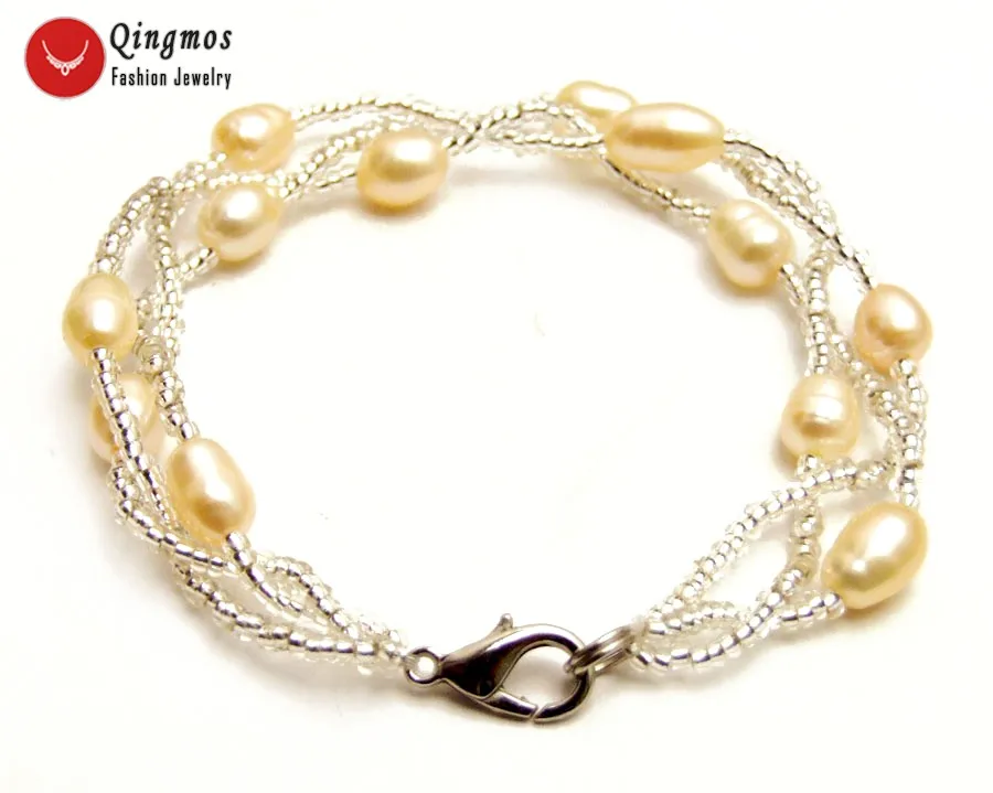 Qingmos Natural Pearl Bracelet for Women with 5-6mm Pink Rice &amp Crystal Handwork Weave 3 Strands Jewelry bra432 | Украшения и