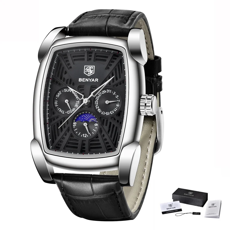 Leather Silver Black Benyar квадратные мужские часы лучший бренд класса люкс Бизнес водонепроницаемые кварцевые кожаные спортивные наручные часы Мужские часы Relogio Masculino - Цвет: Leather Silver Black