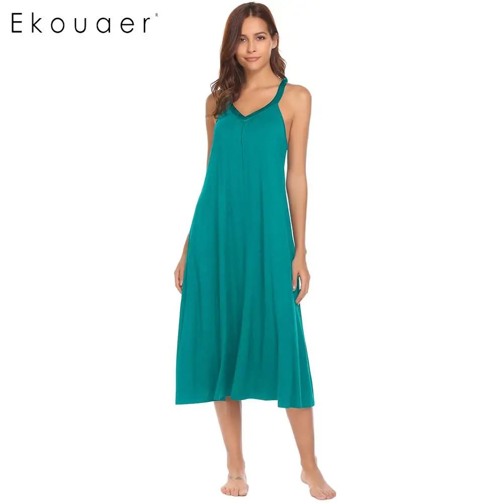 Ekouaer Night Dress Women Lingerie Sleepwear V-Neck Sleeveless Midi Sleep Dress Loungewear Nighty Sleepshirts Cotton Nightgown - Цвет: Green