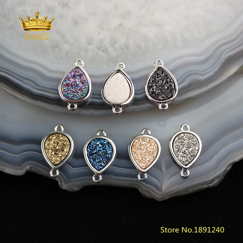 10pcs Flat Teardrop Druzy Small Connectors Bulk Random Titanium Drusy Agates Plated Silvery Copper Charm Link Bracelet DSS153 | Украшения и