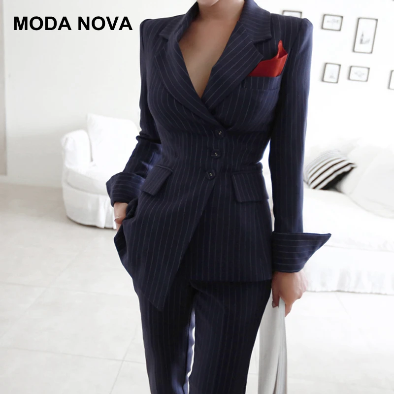 MODA NOVA/2018 осень зима полосатый Блейзер костюм для женщин бизнес 2 шт. костюмы