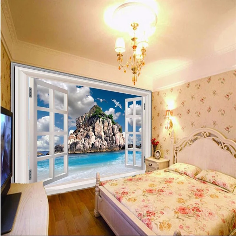 3d обои для гостиной Декор фото ТВ фон окно пляж остров ресторан настенная
