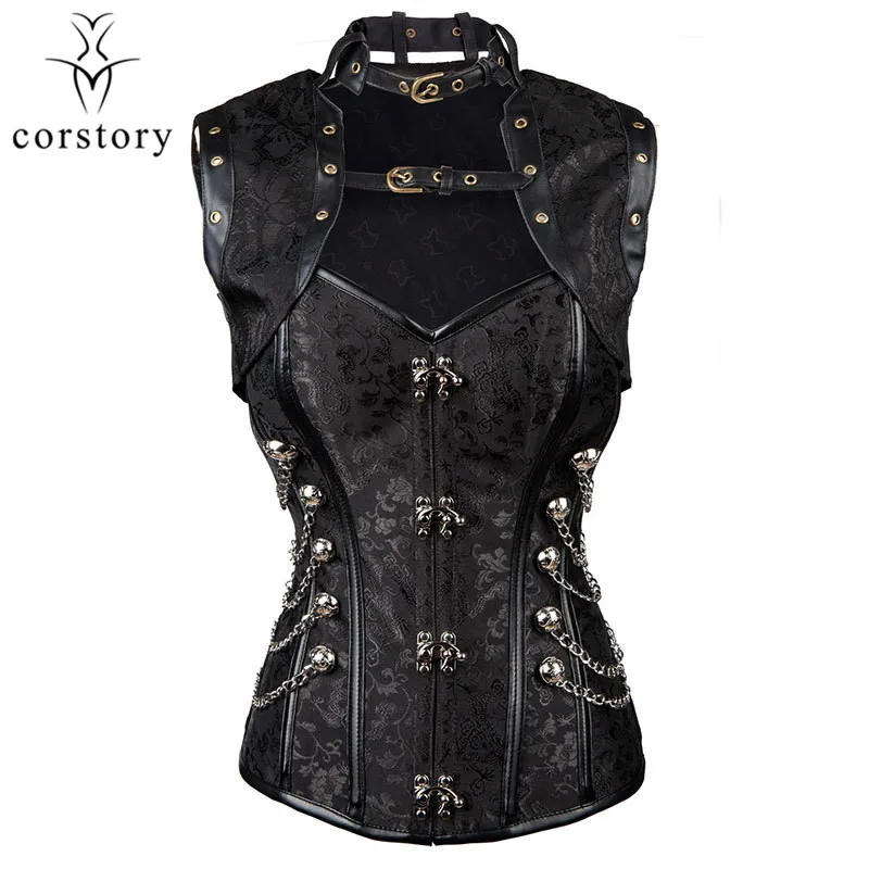 Черный корсет из парчи с белого цвета пряжкой и цепочкой на плечо куртка