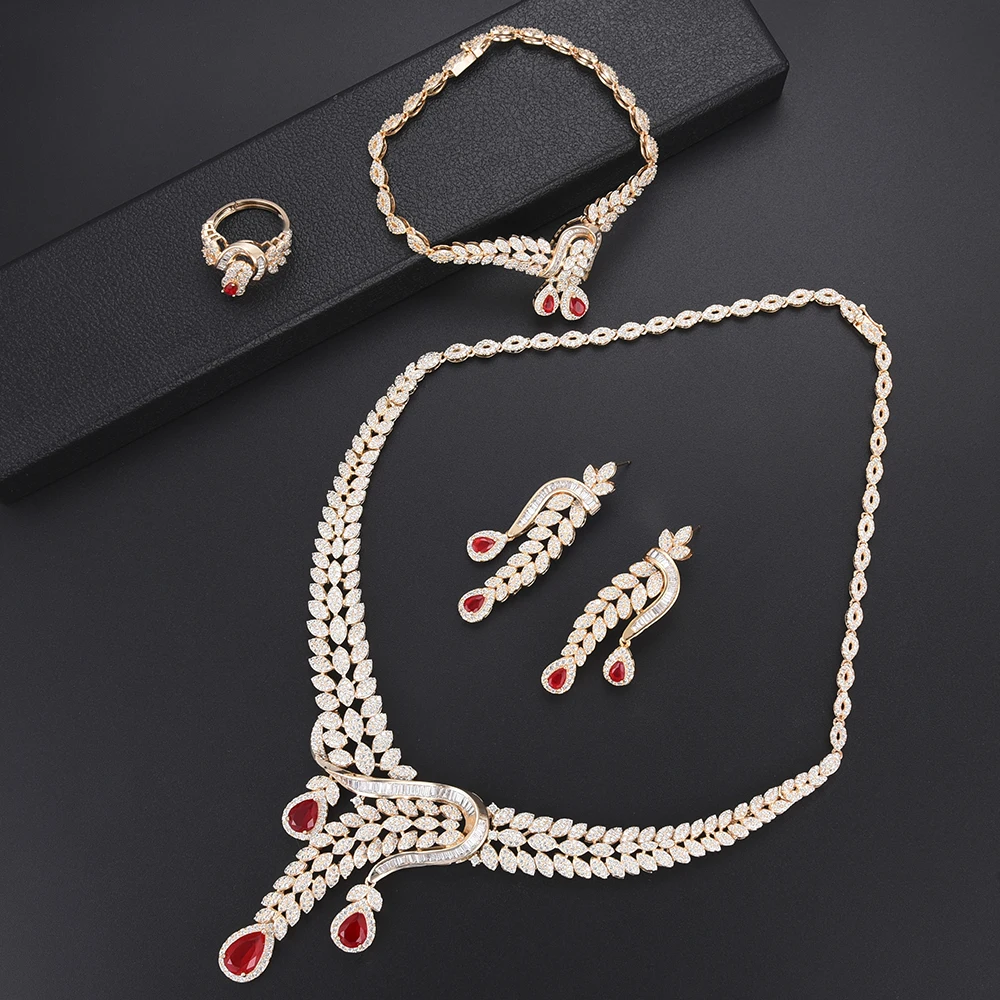

Luxury Leaves African wedding Engagement jewelry Necklace Earrings Bangle Ring Fashion Jewelry Set For Women Engagement