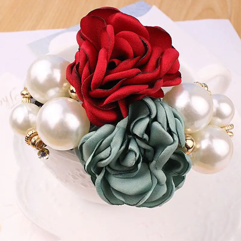 Повязка для волос атласная Женская эластичная лента с цветами и жемчужинами
