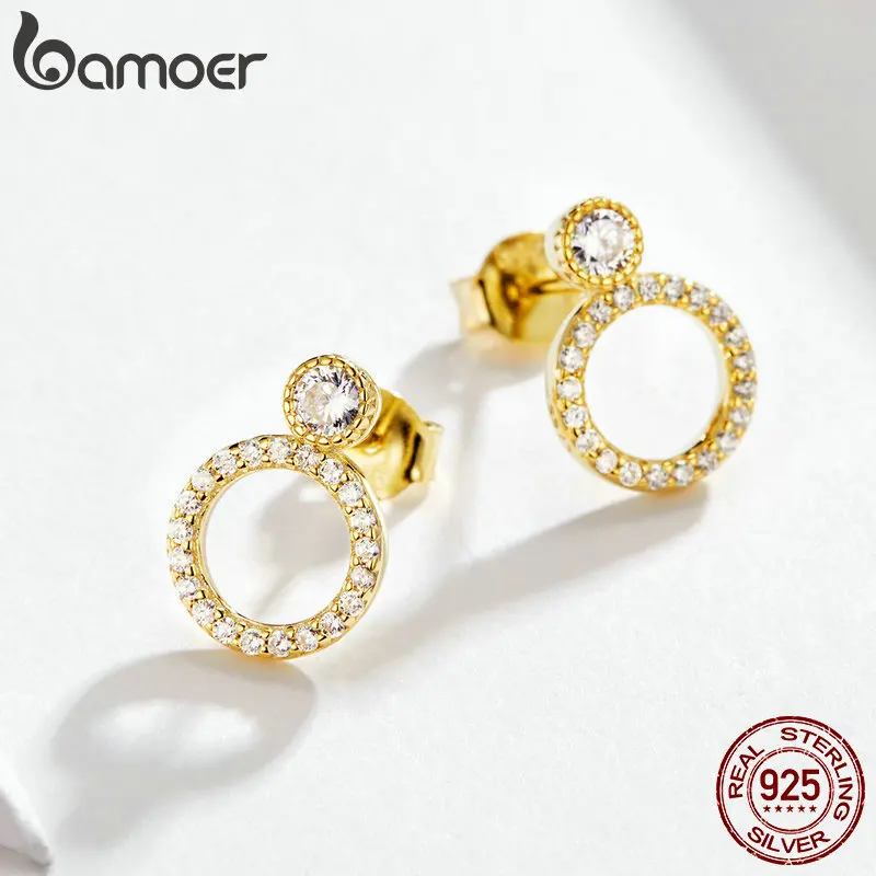 BAMOER 925 пробы серебряные круглые простые серьги-гвоздики для женщин, обручальные свадебные ювелирные изделия SCE561