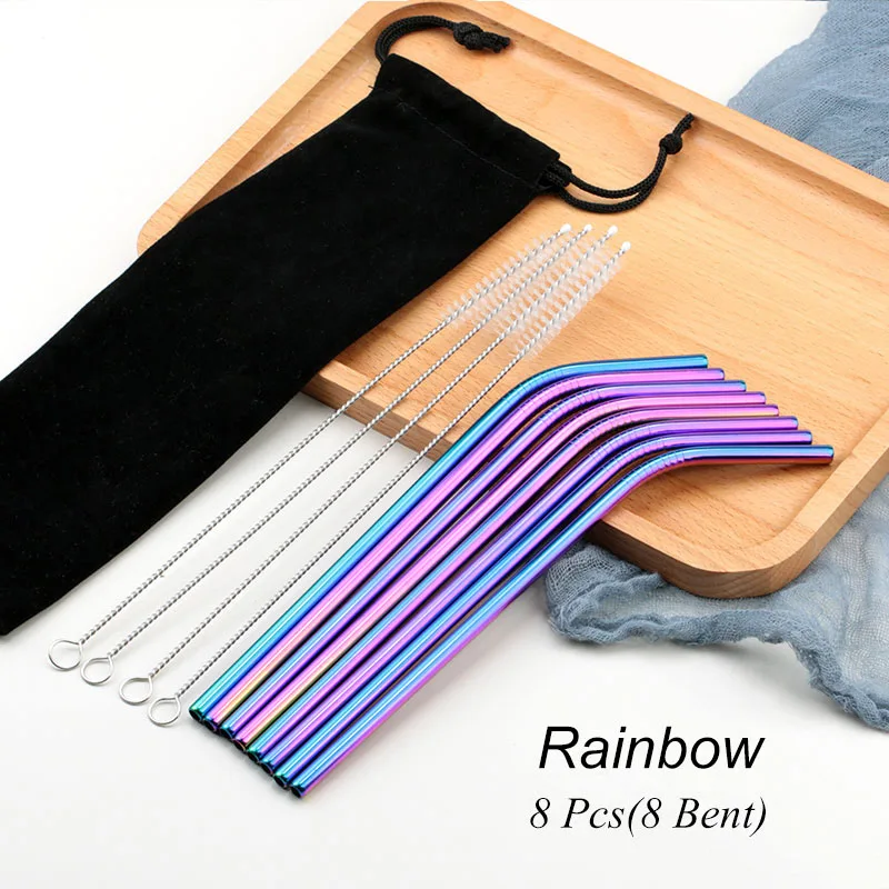 02 Bend Rainbow 8 шт многоразовые соломинки из нержавеющей стали для питья Металлические Прямые изогнутые соломинки из нержавеющей стали с чистящей щеткой вечерние аксессуары для бара - Цвет: 02 Bend Rainbow