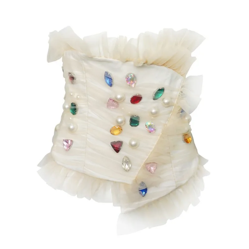 [Livivio] сетчатыми оборками Корсет, расшитый бриллиантами поясом широкий Ремни для Для женщин пояс новых модных аксессуаров - Цвет: white