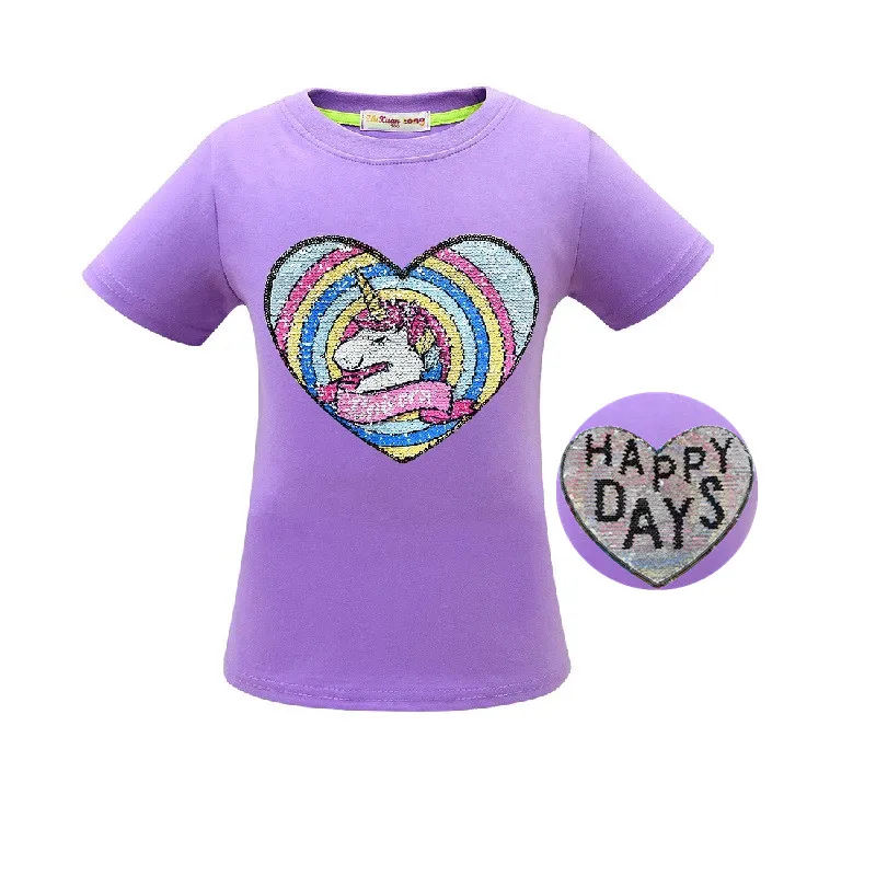 3485 Purple Футболка с единорогом летняя одежда для маленьких девочек Camiseta Unicornio, футболка топы для девочек, Femme, Детская футболка, Enfant, для дня рождения, цветная, с блестками - Цвет: 3485 Purple
