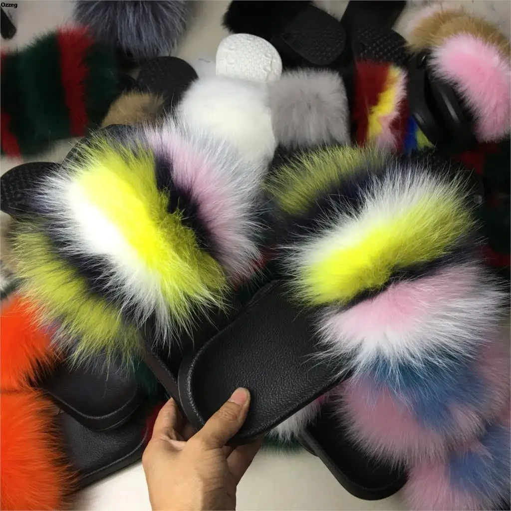 2018 меховые тапочки женские домашние пушистые Ползунки с лисой удобные перьями