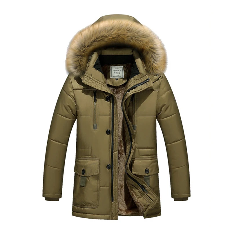 Мужская однотонная парка с капюшоном мехом на хлопковом наполнителе|winter jacket