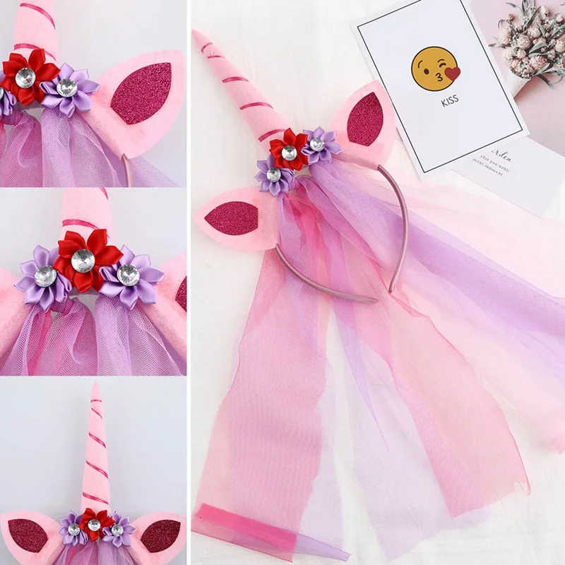 Милый Kawaii Дети Радуга повязка на волосы с единорогом Дети шифон повязка на голову "Единорог" блестящая повязка для волос аксессуары для волос