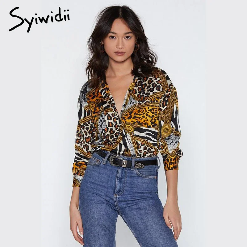 Harajuku Leopard Print Blouse Women 2019 Spring Summer Yellow Shirts Long Sleeve for Work School Sexy Fashion Tops |