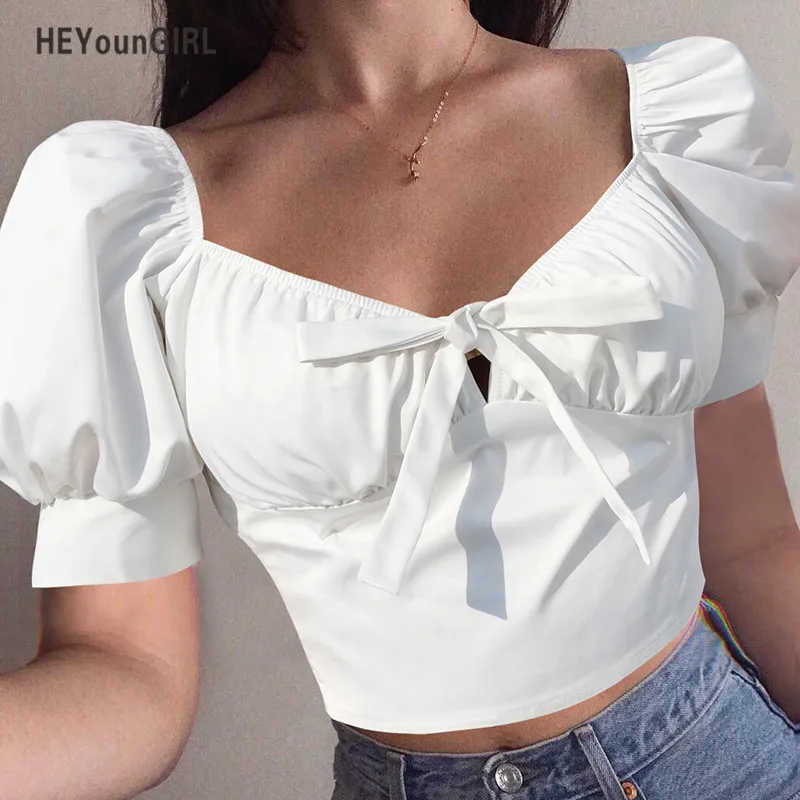 HEYounGIRL повседневный элегантный укороченный Топ для женщин короткий рукав белая Винтажная футболка рубашка с квадратным воротником Женская летняя уличная одежда