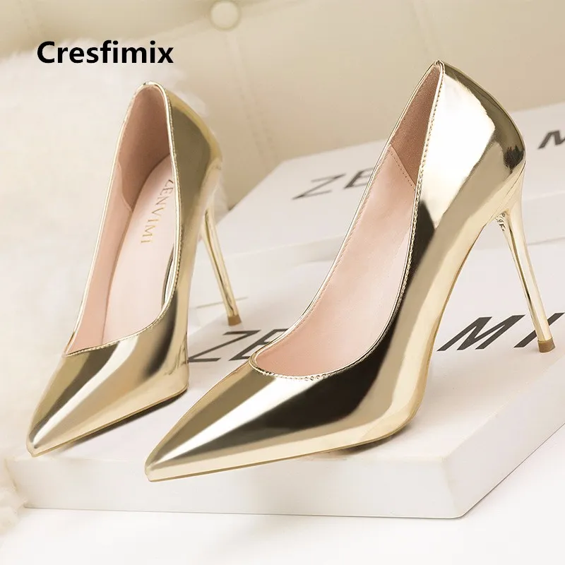 Женские Высокие каблуки Cresfimix пикантные вечерние туфли золотого цвета для