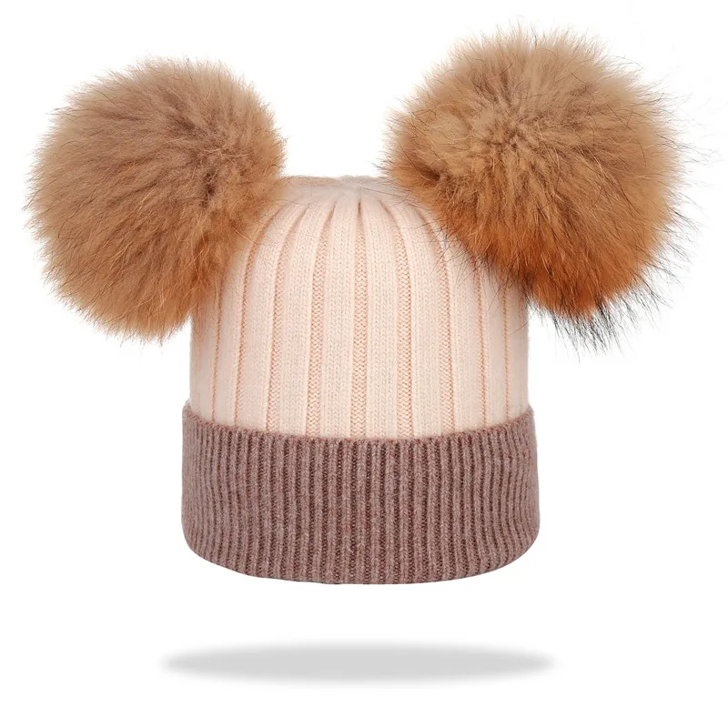 beige kakhi Xthree зимняя женская шапка шерстяные вязаные шапочки натуральный мех двойные помпоны Skullies шапка для девочек feminino - Цвет: beige kakhi
