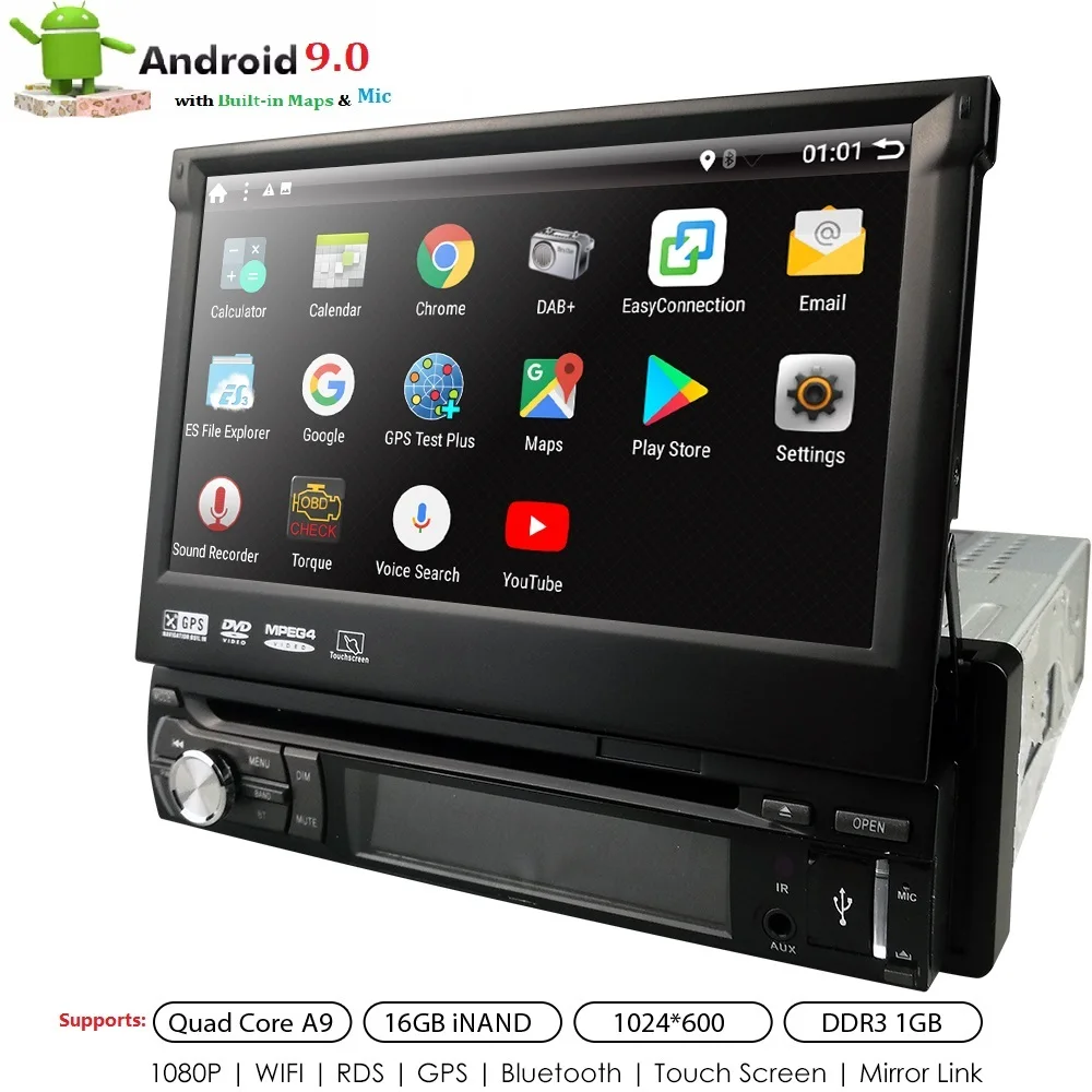 Универсальный 1 din Android 9,0 четырехъядерный автомобильный dvd-плеер gps Wifi BT Радио BT 1 Гб ram 32 Гб SD 16 Гб rom 4G SIM LTE сеть SWC RDS CD