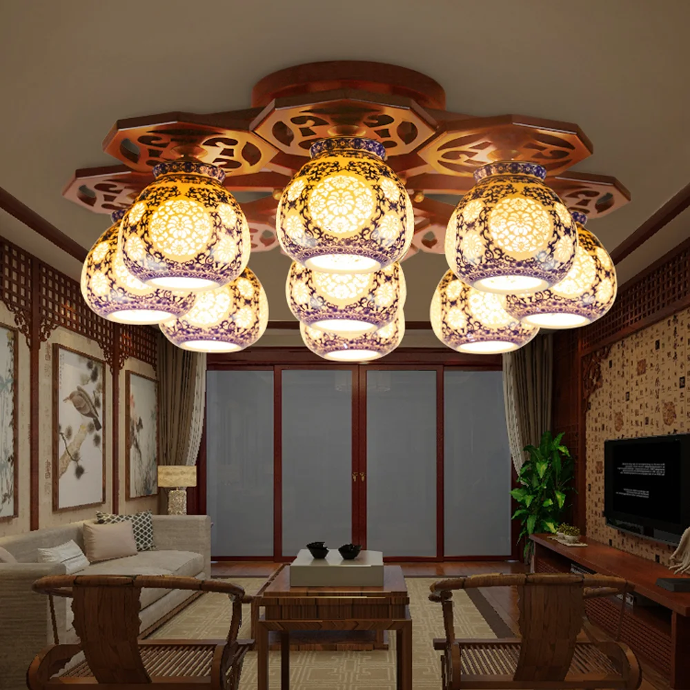 Китайский Стиль Обеденная Гостиная глава 9 E27 большой Керамика Bamboo Потолочные