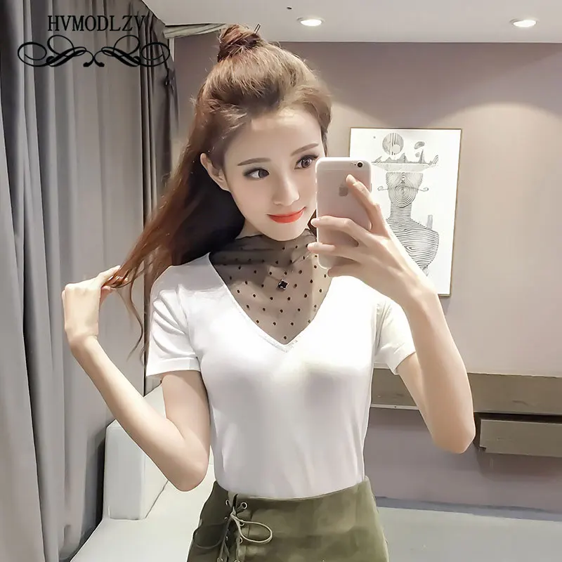 Футболка женская однотонная с V образным вырезом пикантная кружевная Облегающая