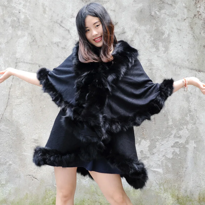 CX B P 45B Женская кашемировая шаль с отделкой из лисьего меха|fur trim cape|cashmere shawlfur cashmere