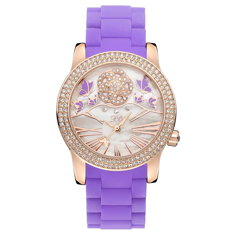 Purple Gold Princess Butterfly бренд Кристалл природа жемчуг и циферблат с бабочкой часы женские наручные водонепроницаемый силиконовый ремешок модные кварцевые women watches - Цвет: Purple Gold