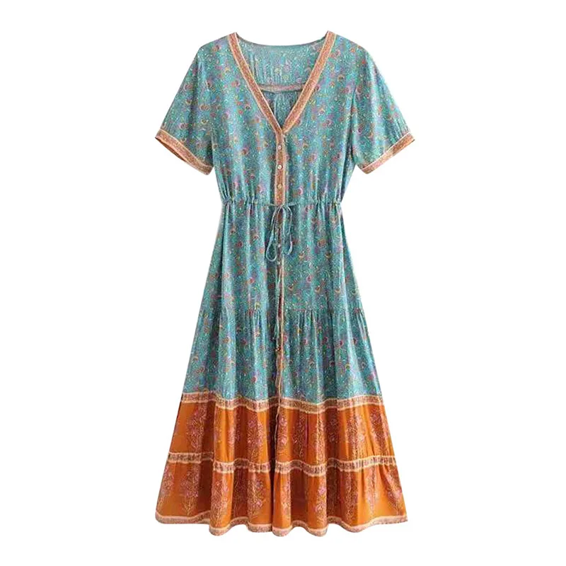 Богемное женское платье летнее праздничное длинное с V образным вырезом для