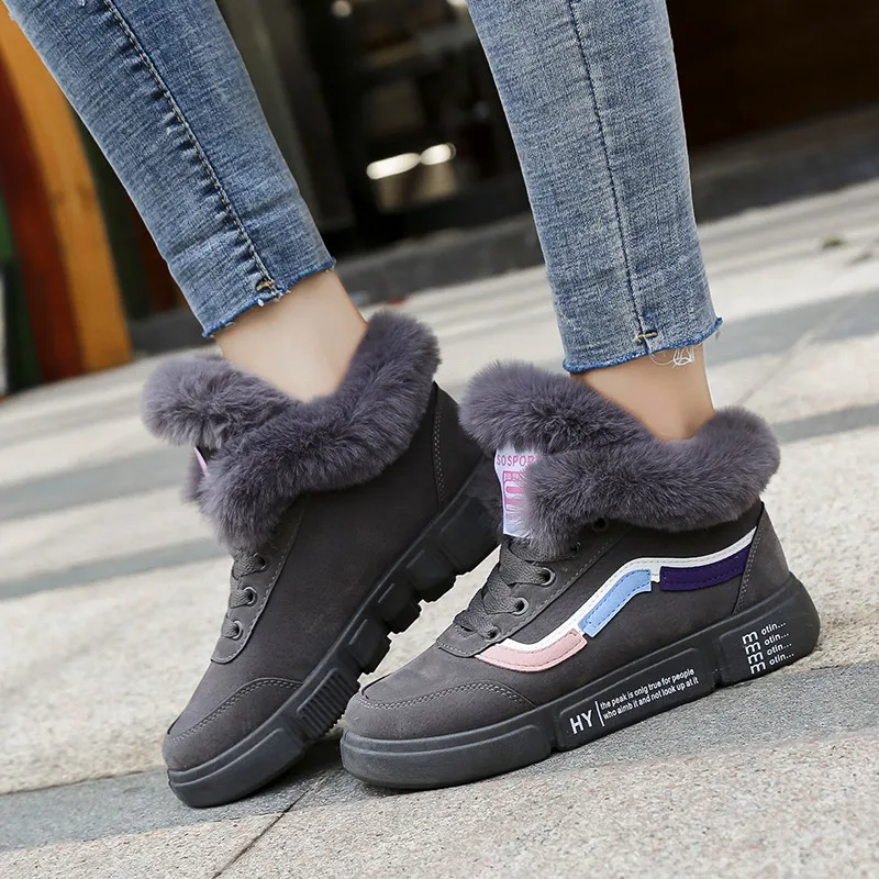 Серый Women Casual Shoes High Top Boots Winter Woman Shoes Fashion Brand Sneakers Vulcanize Shoes Outdoor Warm Lace-Up Walking Shoes - Цвет: Серый