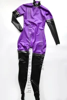 womens latex zentai catsuit with socks in purple with black and dark gray trims decorations