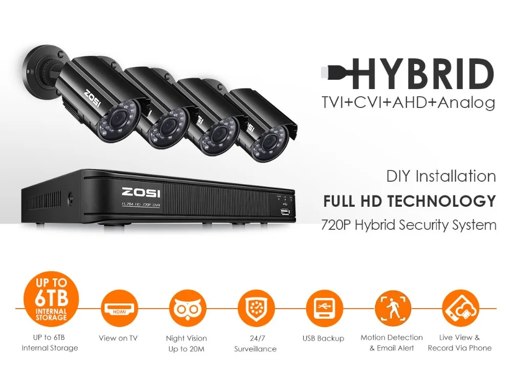 ZOSI 1080N HDMI DVR 1280TVL 720P HD наружная система камер домашней безопасности 8CH CCTV видео наблюдения DVR комплект TVI камера комплект