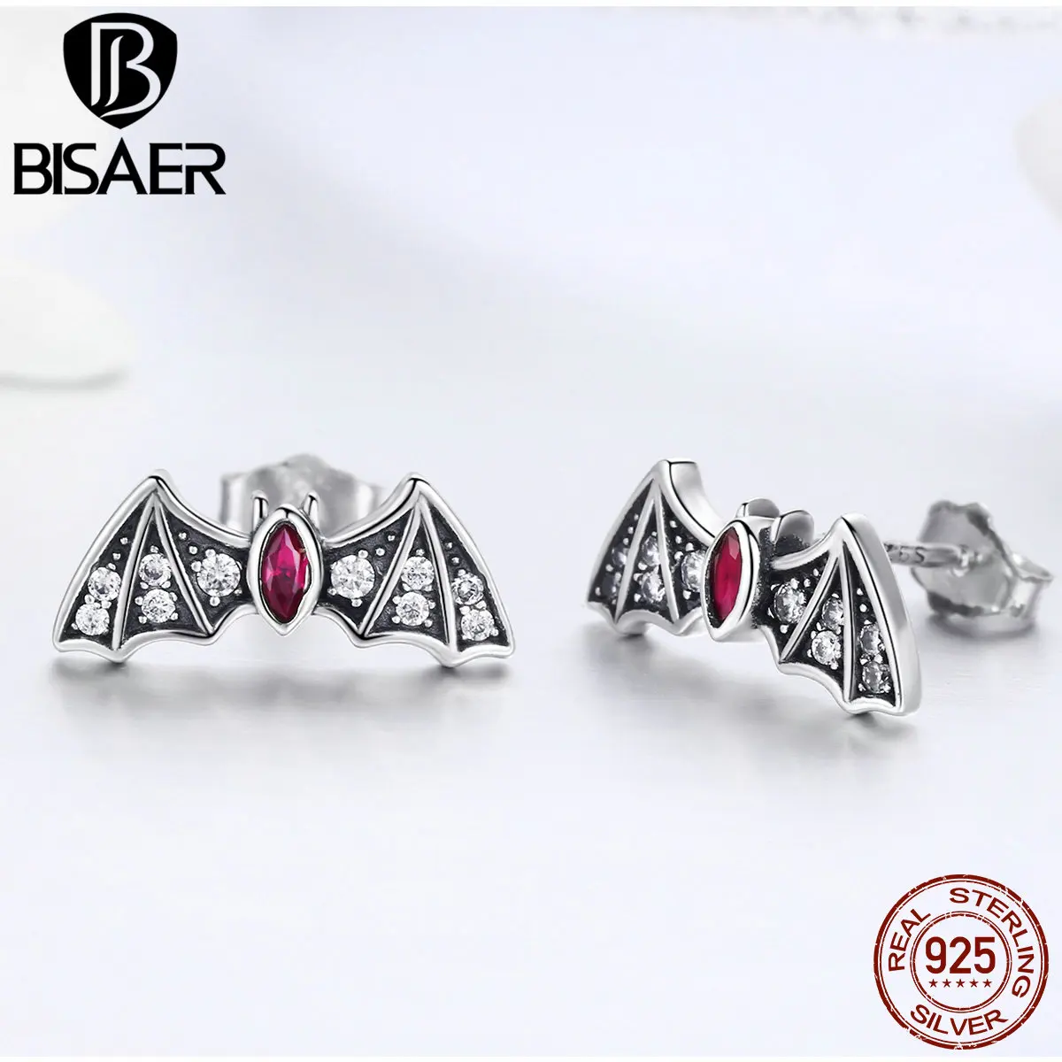 BISAER, серьги, 925 пробы, серебро, летучая мышь, маленькие серьги-гвоздики для женщин, прозрачный Фианит, модные серебряные серьги, ювелирное изделие EFE004
