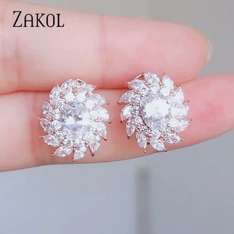 ZAKOL классические серьги гвоздики с овальным кубическим цирконием для женщин