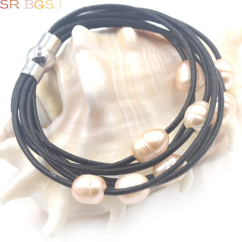 Pink Pearl В продаже! Подарочная упаковка! 10-12 мм пресноводный жемчуг 8-жильный стильный кожаный шнур Магнитный ювелирный женский браслет 7,5-8" - Окраска металла: Pink Pearl