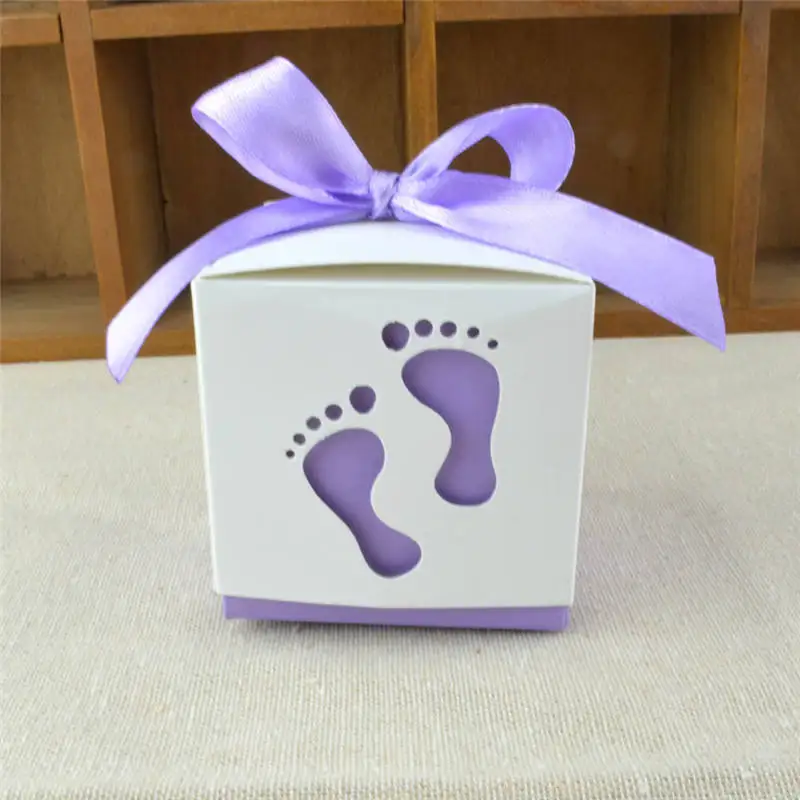 Creative Baby Foot Candy Box footprints candy packaging hollow box Free Ribbon Gift Baptism Container 50pcs | Дом и сад