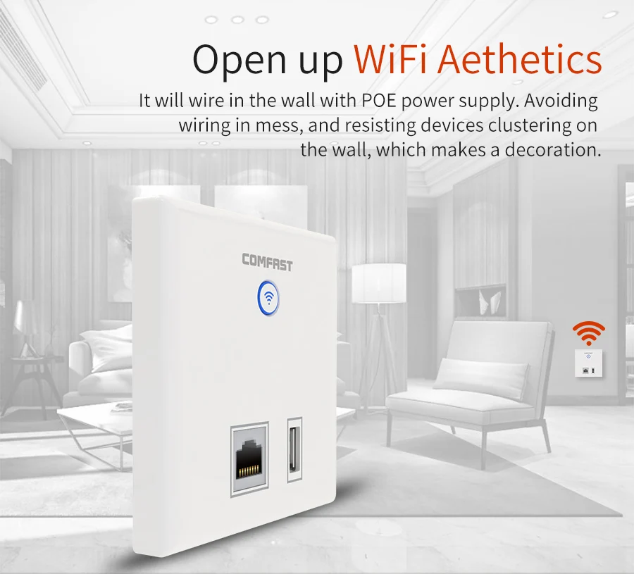 COMFAST настенный встроенный ap 300 Мбит/с точка доступа wifi 48 в poe источник питания для отеля AP 2* RJ45 порт+ usb порт зарядного устройства wifi маршрутизатор