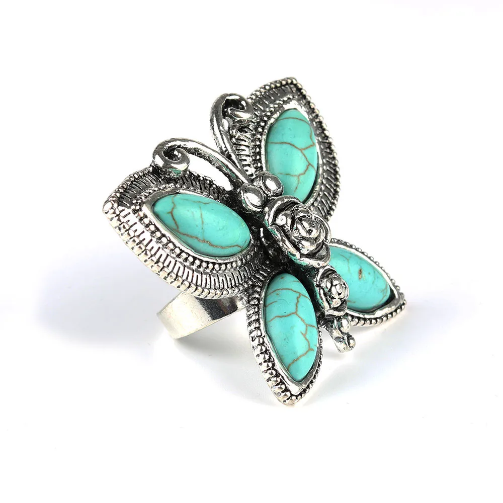 Парабола Большая Бабочка Shaped Создания Бирюзой Моде Кольца Серебро Цвет