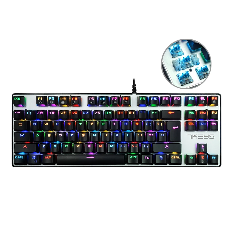 Проводная USB Механическая игровая клавиатура RGB 87 клавиш портативный синий