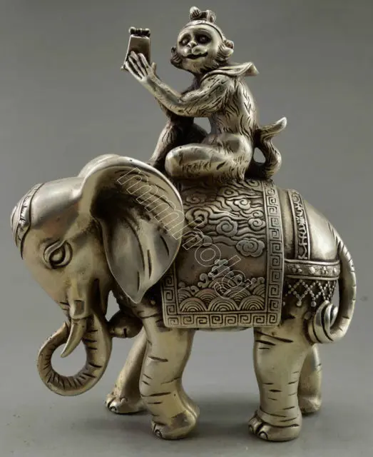 

Elaborate Chinese Collectible Old Decorate Tibetan Silver Monkey Hold Seal Sitting on the Elephant Statue