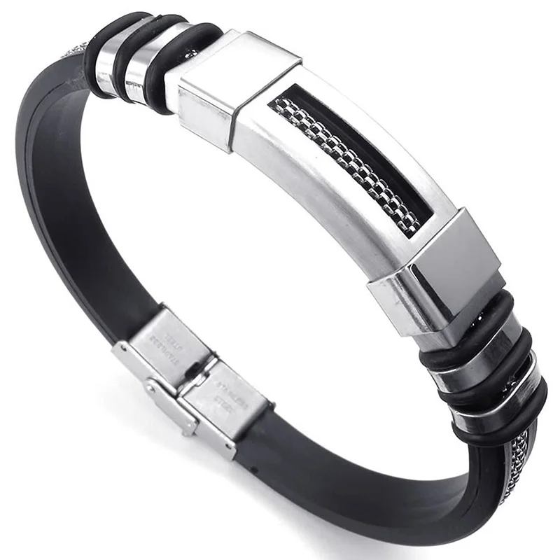 Jewelry Men's Bracelet Biker Rubber Stainless Steel Black Silver | Украшения и аксессуары