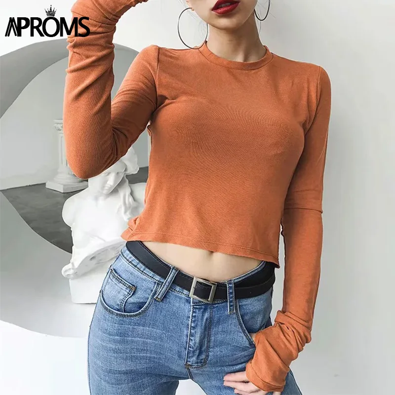 Aproms однотонная корейская модная базовая футболка с длинным рукавом, Женский хлопковый топ, осенняя уличная тонкая футболка, женские белые ржавчины футболки - Цвет: Brown Yellow