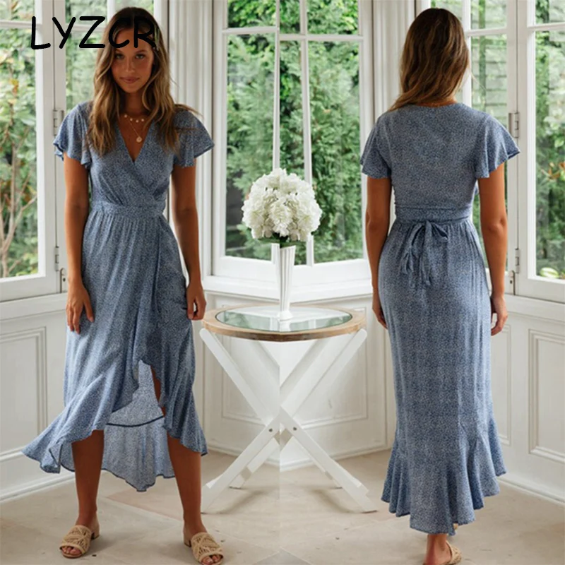 LYZCR женщины Лето В стиле бохо Макси длинное платье вечерние с v-образным вырезом