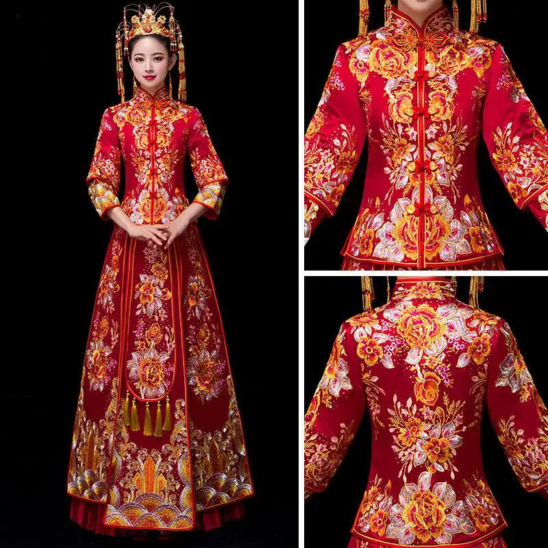 Изысканной вышивкой Украшенные стразами чехонг-костюм Hanfu Костюмы Традиционный китайский Для женщин свадебное платье высокое качественное платье Ципао - Цвет: Rhinestone Pleated E
