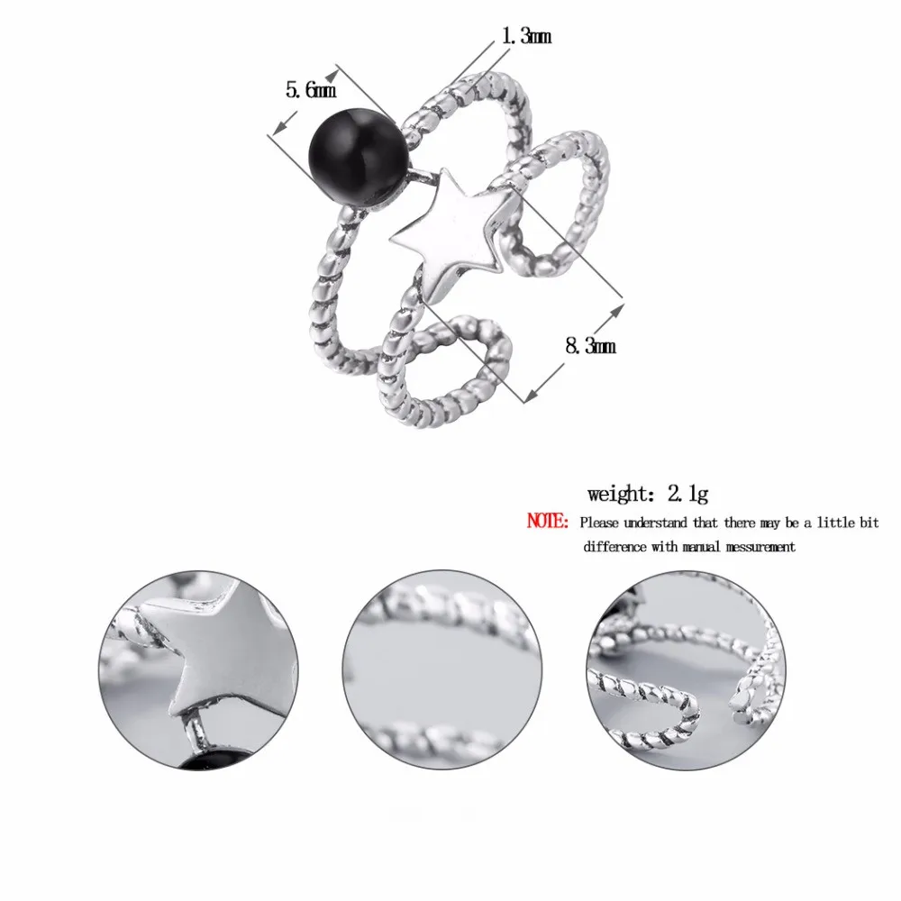 Kinitial Vintage Star Black Stone Rings For Women Adjustable Double Twisted Line Antique Silver Color Fashion Finger Jewelry | Украшения и